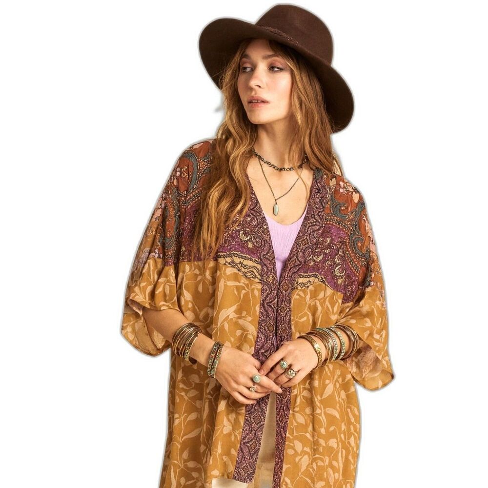 Umgee Boho Mixed Print Kimono Cardigan Paisley & Floral Gold Light Layer L